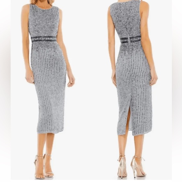 MAC DUGGAL 10509 Sleeveless High Neck Beaded Midi Sheath Dress Platinum -Reemoly - Picture 1 of 17